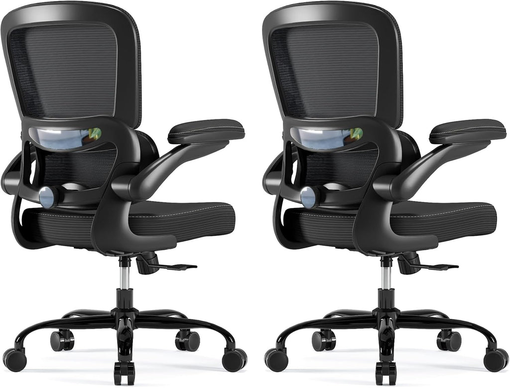 TRALT Ergonomic Office Chair - Desk Chair with Adjustable Headrest Lumbar Support Computer Chair - Mesh Comfy Chair with Flip-up Armrests - Gaming Chair for Adults Home Office PU, Black, Pack of 2