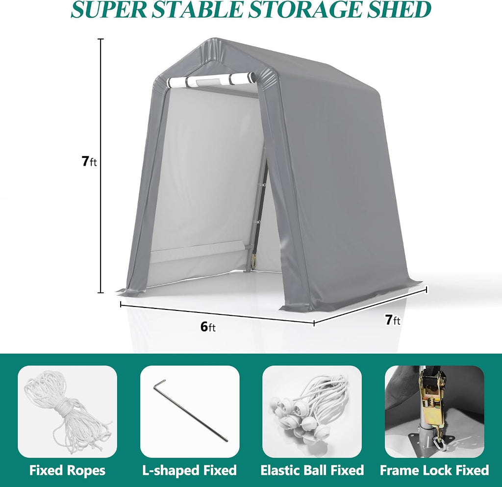 GARTOO 6' x 7' Outdoor Storage Shelter Shed- Heavy Duty Storage Tent with Roll-up Ventilated Windows, Portable Garage Storage shed for Bike, ATV, Motorcycle Shelter, Gray