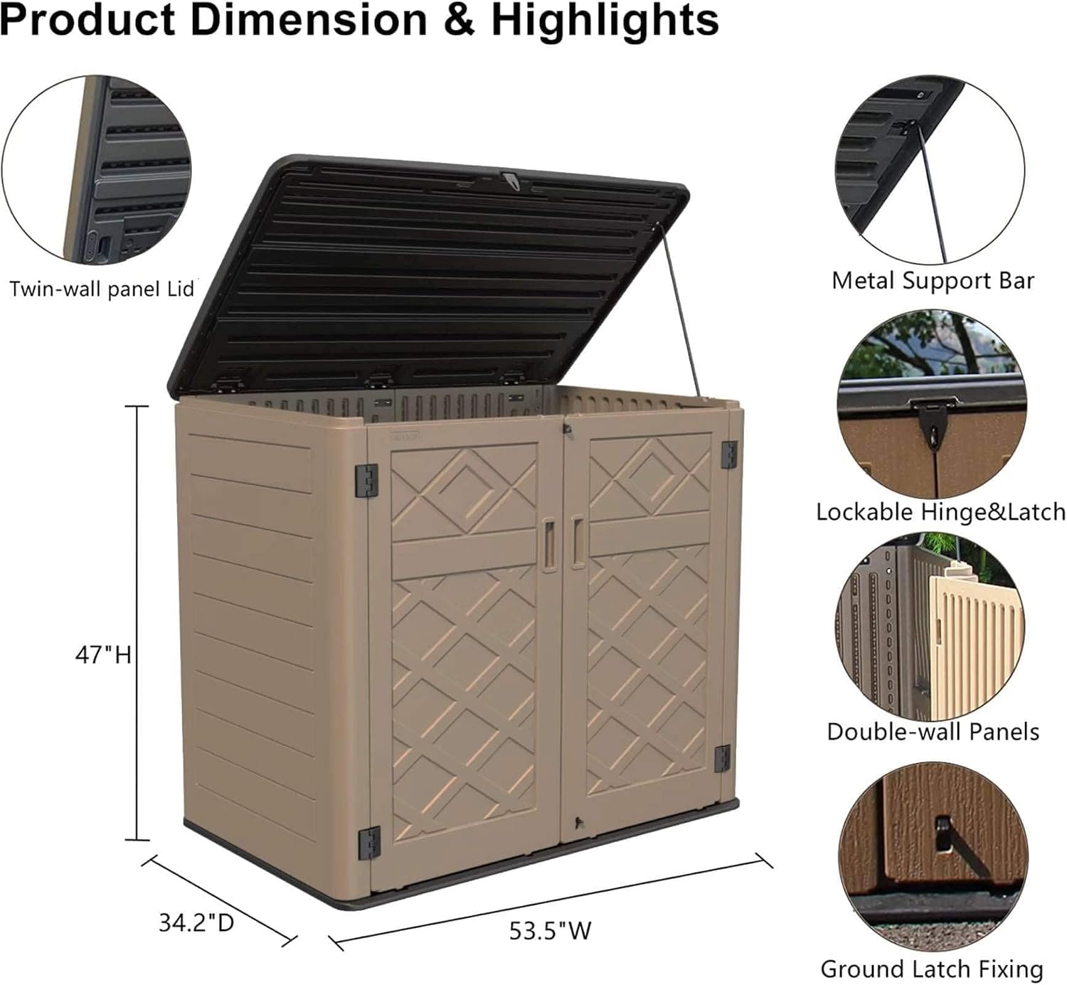 HOMSPARK Storage Shed Weather Resistance, Multi-Purpose Outdoor Storage Cabinet for Backyards and Patios, Horizontal Storage Shed for Lawnmower, Patio Accessories (Coffee,Large - 48 cu.ft)