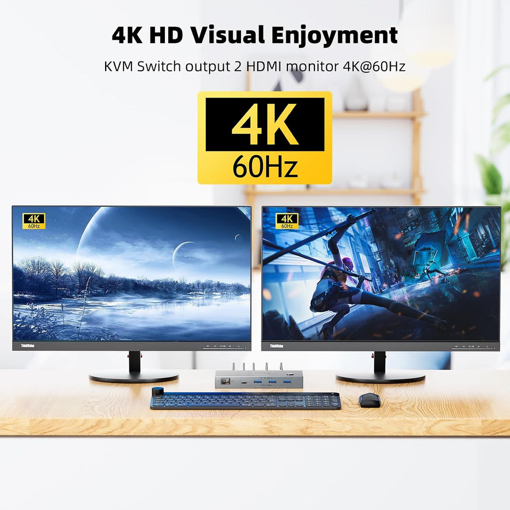 KCEVE KVM Switch 2 Monitors 2 Computers USB C, KVM Switch USB-C for 2 Laptops Sharing 2 Monitors and 4 USB3.0 Devices, 4K@60Hz, 100W PD, MST, Wired Remote(4K USBC HDMI 2 in 2 Out KVM)