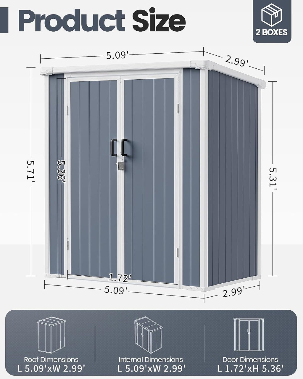 5x3 ft Outdoor Storage Shed with Floor, All-Weather Resin Tool Shed with 2 Shelves, Heavy-Duty Garden Shed for Yard, Bicycle, and Lawn Equipment, Easy Assembly, Dark Gray