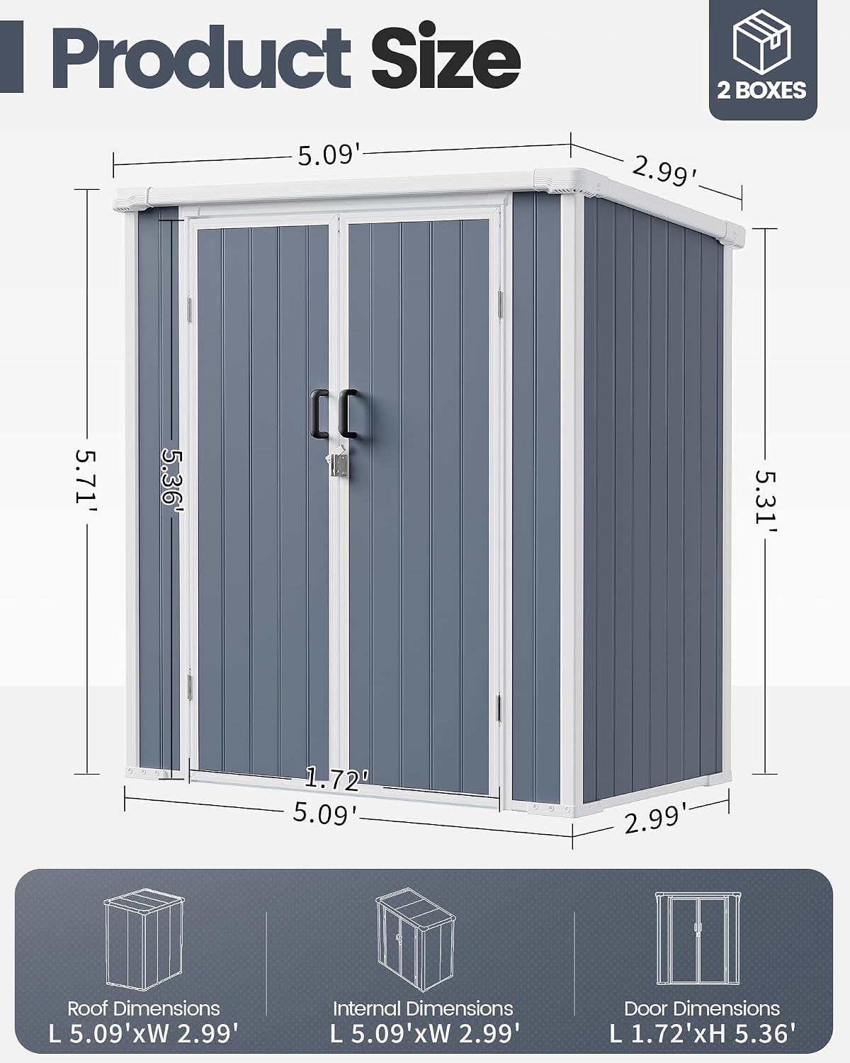5x3 ft Outdoor Storage Shed with Floor, All-Weather Resin Tool Shed with 2 Shelves, Heavy-Duty Garden Shed for Yard, Bicycle, and Lawn Equipment, Easy Assembly, Dark Gray