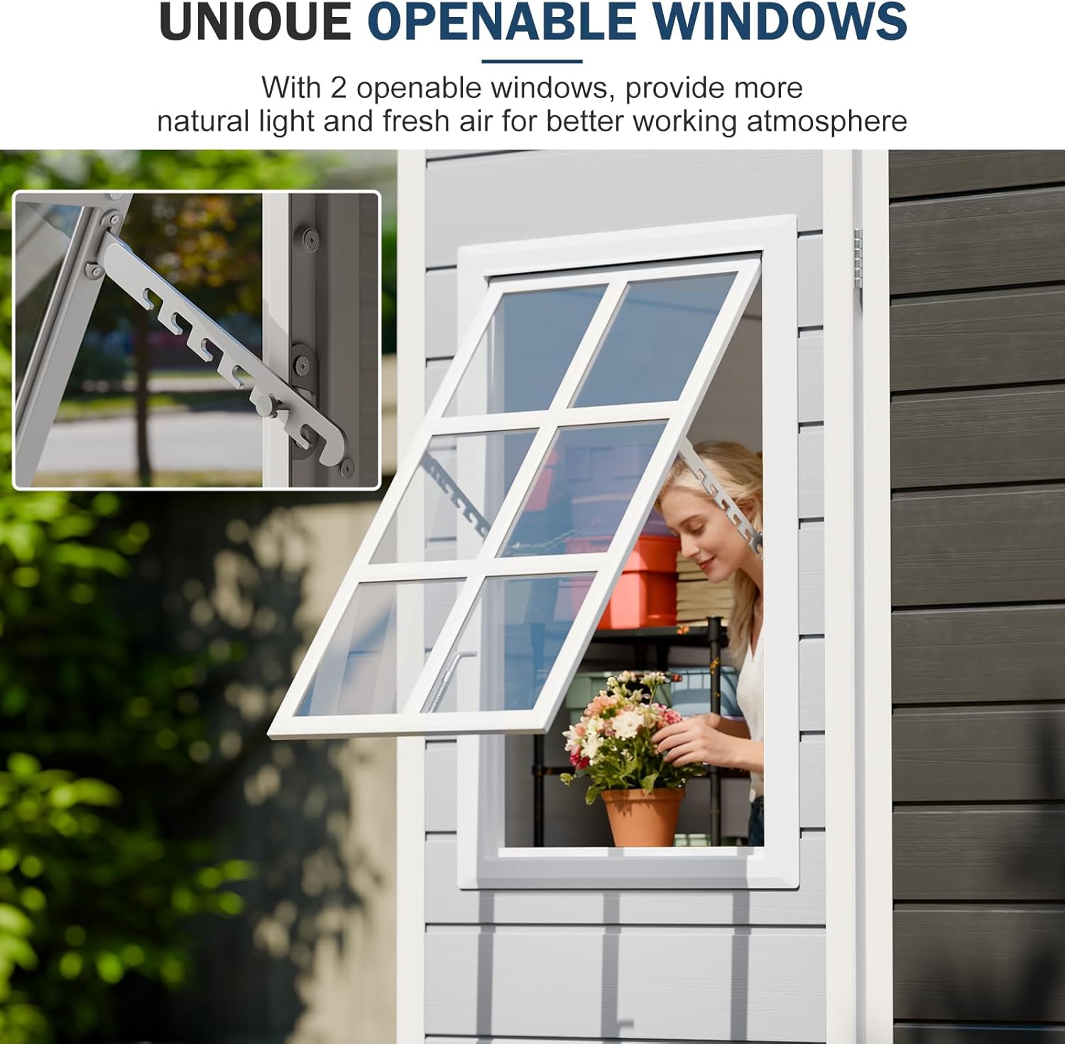 8x6x7 FT Resin Storage Sheds with Floor Unique Openable 2 Windows, Heavy Duty Frame Waterproof Outdoor Plastic Garden Shed Kit with Base for Backyard Patio Lawn Tools Storage, Gray,Large