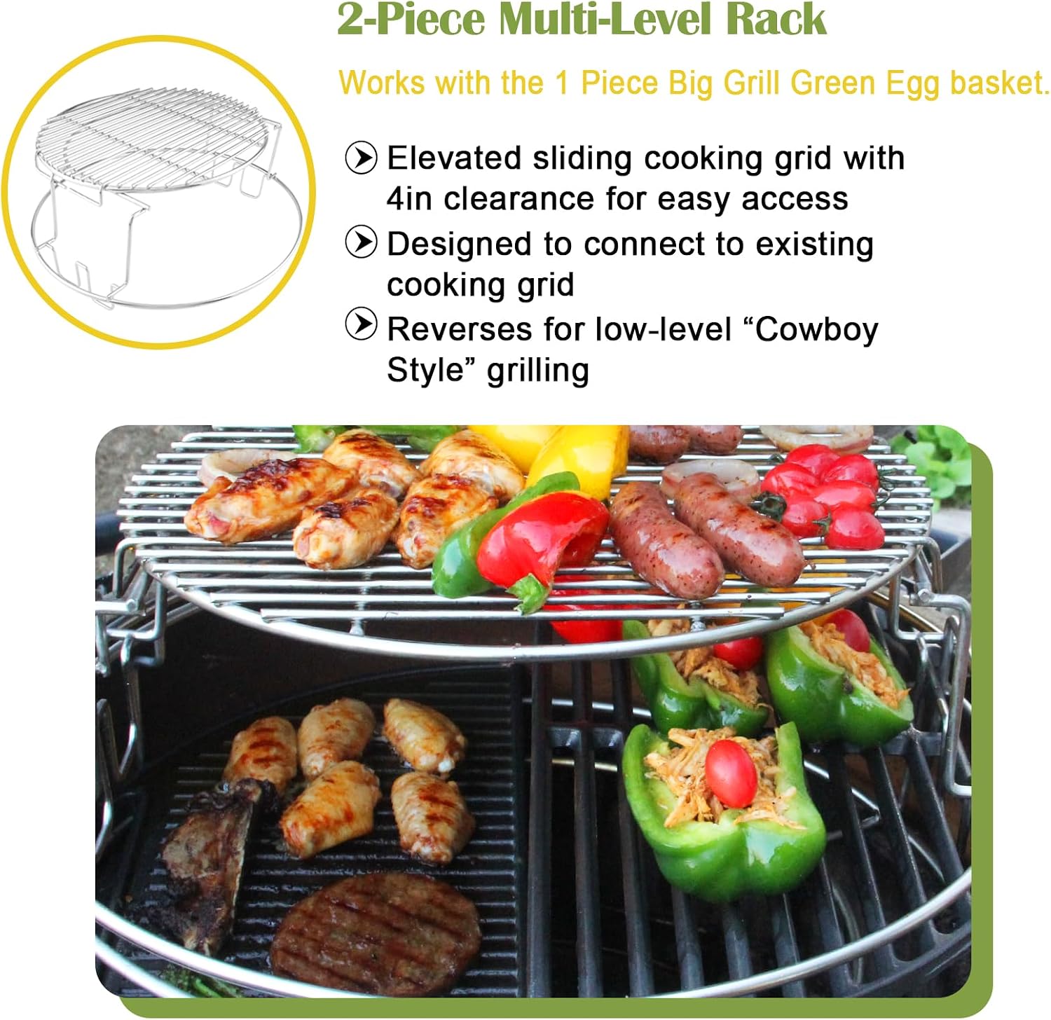3 Tier 5 Piece Replacement Kit for Large Big Green Egg Accessories,Stainless Steel Grill Stack Rack with Removable Cooking System,BBQ Grill Basket Grill Expander Rack Ultimate Set Fit L BGE