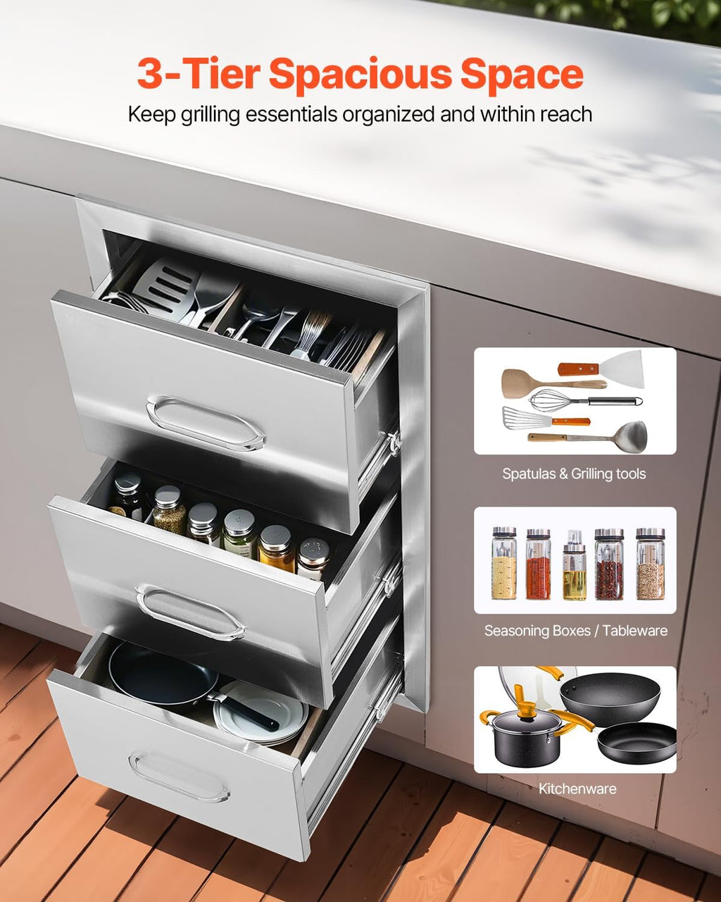 VEVOR Outdoor Kitchen Drawers 16' W x 28.5' H x 20.5' D, Flush Mount Triple Access BBQ Drawers with Stainless Steel Handle, BBQ Island Drawers for Outdoor Kitchens or BBQ Island Patio Grill Station