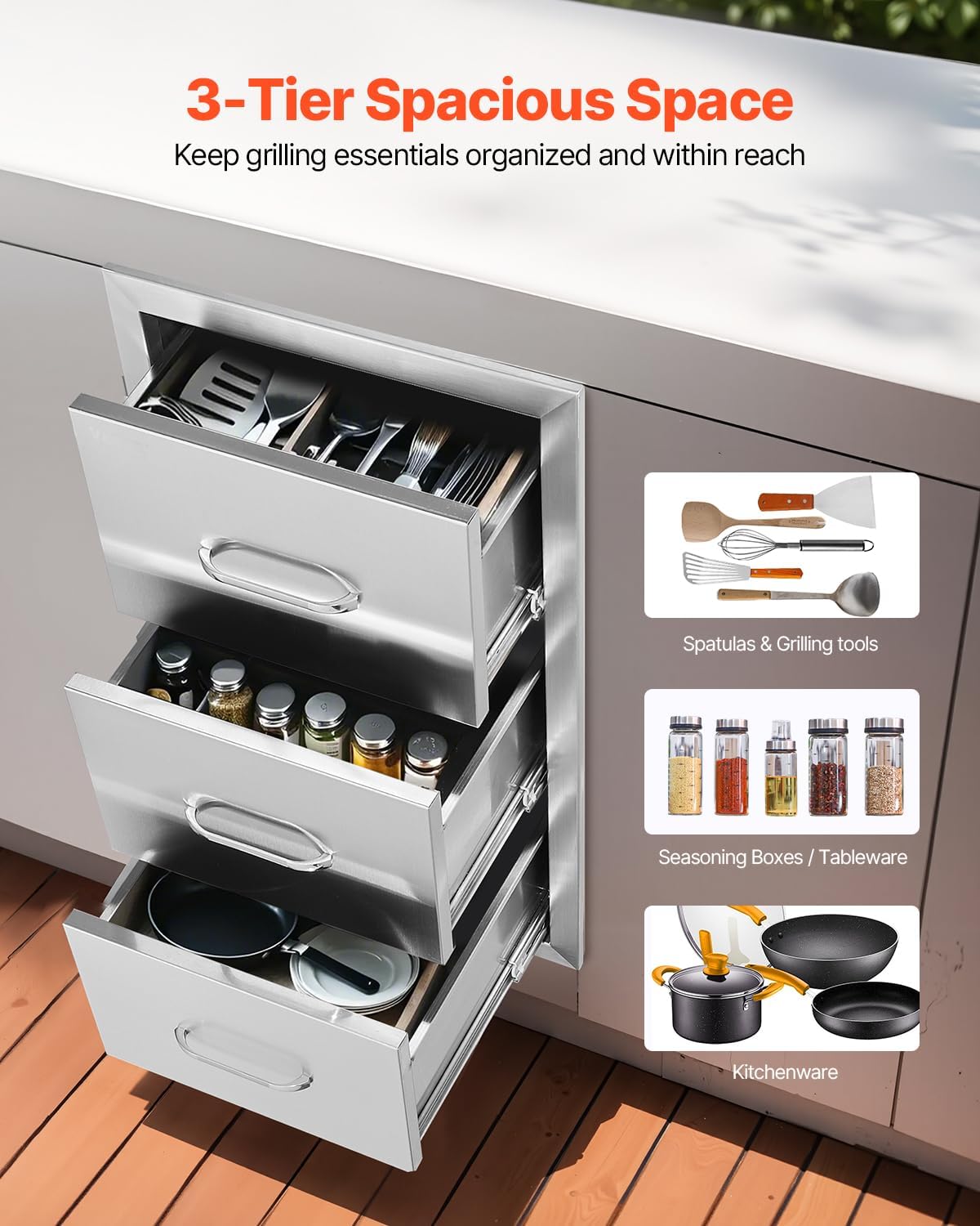 VEVOR Outdoor Kitchen Drawers 16' W x 28.5' H x 20.5' D, Flush Mount Triple Access BBQ Drawers with Stainless Steel Handle, BBQ Island Drawers for Outdoor Kitchens or BBQ Island Patio Grill Station