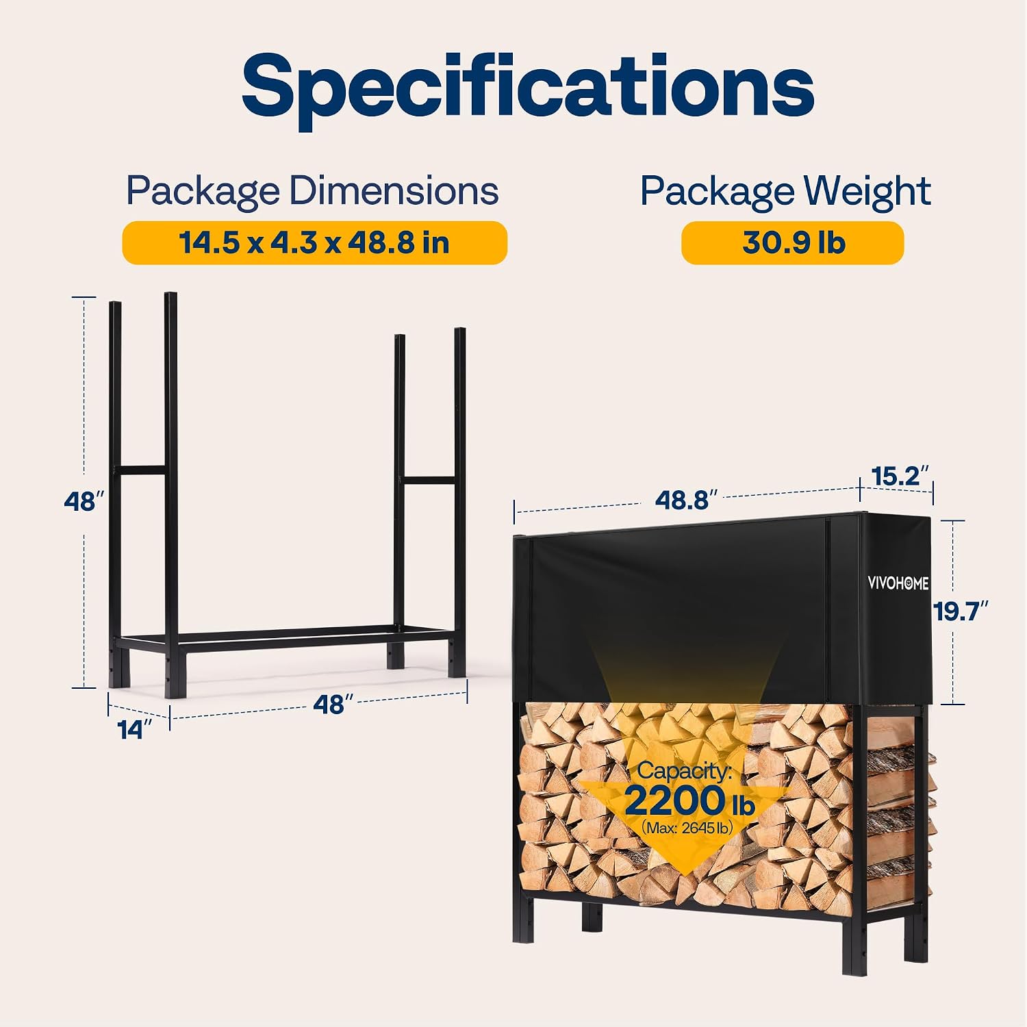 VIVOHOME Upgraded Heavy Duty 4 ft 1/4 Cord Firewood Rack Outdoor with Cover Combo Set, Thick Steel Log Holder Up to 2645 lb, Fire Wood Pile Storage Stand Organizer Black