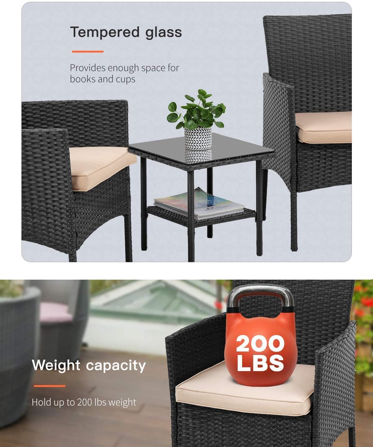 FDW Patio Furniture Sets,3 Pieces Outdoor Wicker Bistro Set Rattan Chair Conversation Sets with Coffee Table for Yard/Backyard Lawn Porch Poolside Balcony,Black