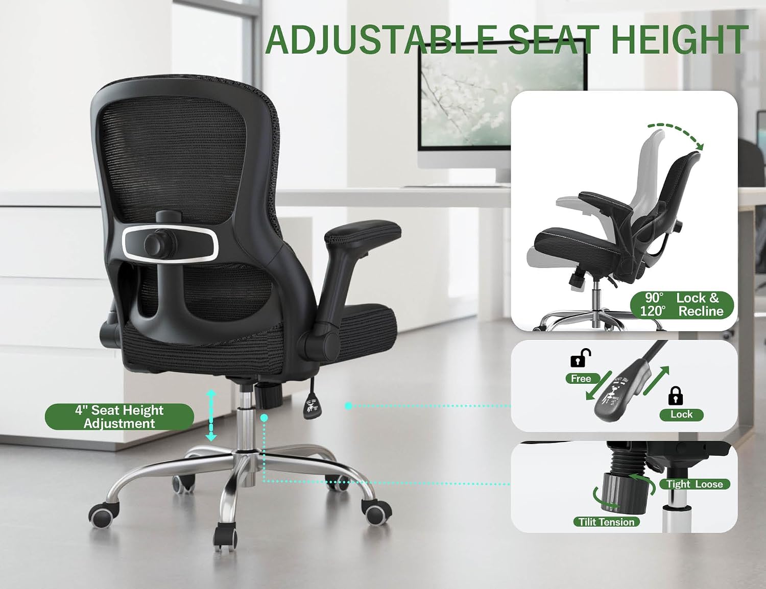 Ergonomic Office Chair - Desk Chair with Adjustable Lumbar Support Computer Chair - Mesh Comfy Chair with Flip-up Armrests - Gaming Chairs for Adults Home Office (Leather, Black)