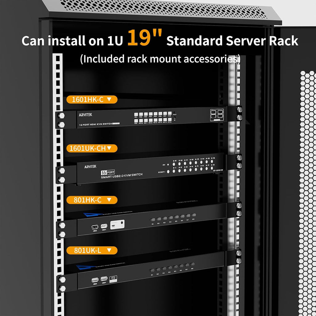 16 Port KVM Switch VGA, 16 Computers Share 1 Set of Monitor, Keyboard, Mouse, Printer, 16 in 1 Out Rack Mount KVM with 3 USB 2.0 Port (Included 16 VGA KVM Cables + Remote)