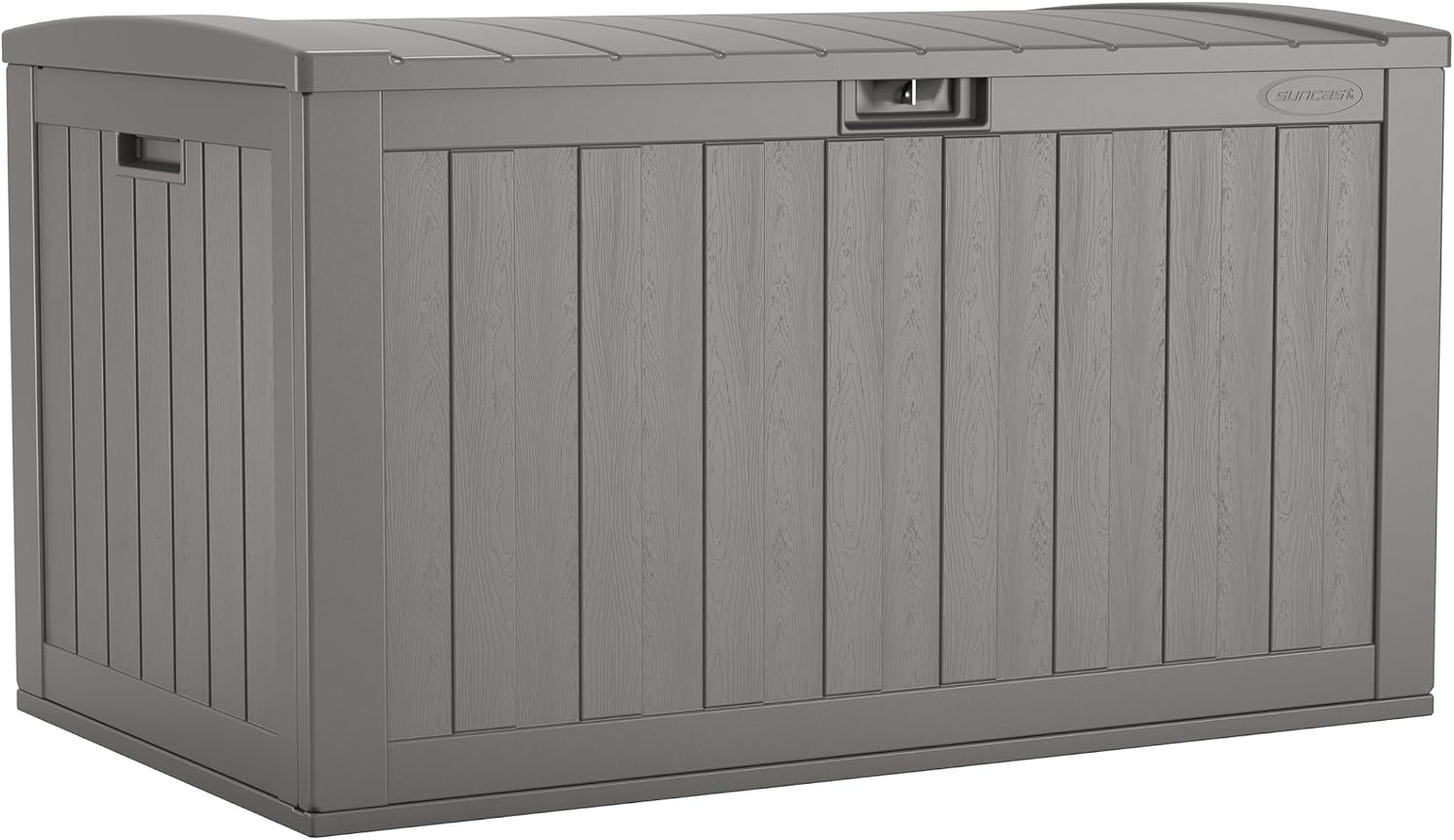 Suncast 134-Gal. Resin Extra-Large Outdoor Patio Deck Box with Pad-Lockable Lid, Modern Outdoor Patio Bench/Storage Box for Cushions, Garden Tools, and More, Dove Gray
