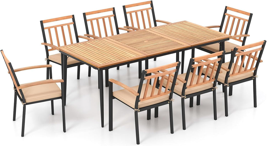 Tangkula 9-Piece Patio Dining Set, 79' Rectangle Dining Tables with 8 Wooden Armchairs, Outdoor Acacia Wood Dining Furniture Set with 1.9' Umbrella Hole for Garden, Porch, Deck