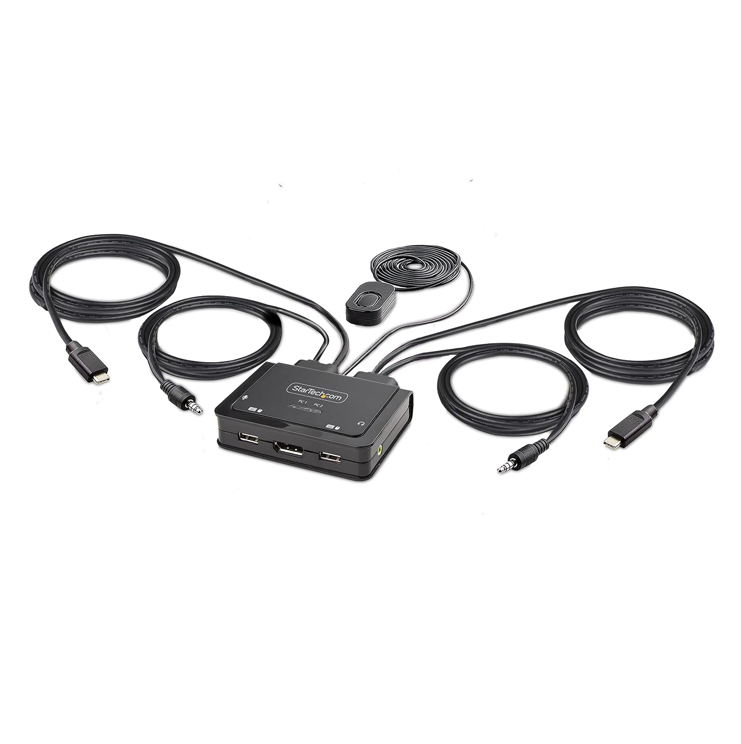StarTech.com 2-Port USB-C Cable KVM Switch, 4K 60Hz DisplayPort Output, Compact KVM with 4ft/1.2m USB Type-C/Audio Integrated Host Cables, Bus Powered, Remote/Hotkey Switching (C2-D46-UC2-CBL-KVM)
