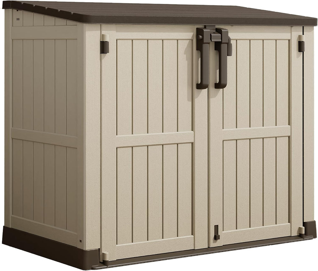 LHBcraft Waterproof Outdoor Storage Shed 36 Cu Ft with Lockable Doors, Portable Horizontal Resin Storage Cabinet, Outdoor Storage Box for Backyards, Brown-Beige
