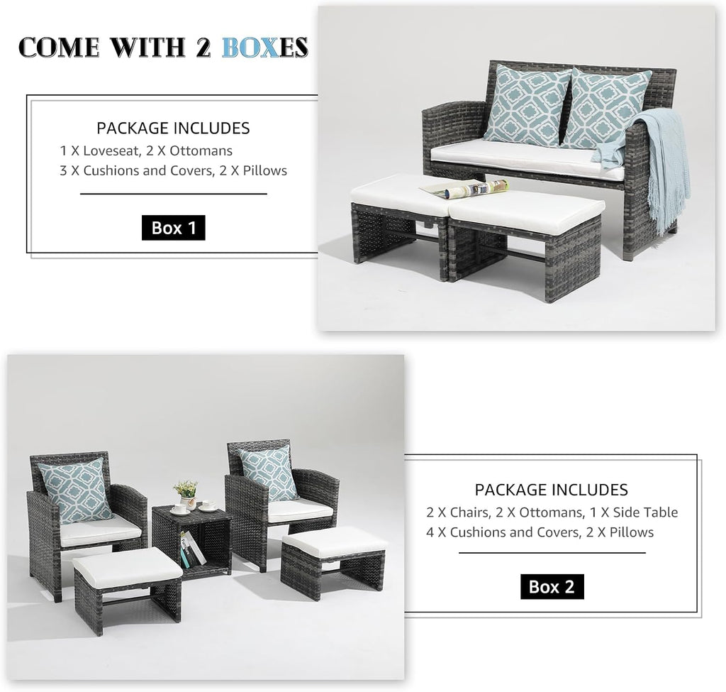OC Orange-Casual Patio Furniture Sets,8 Pieces Conversation Set, Outdoor Wicker Bistro Set, All Weather Sectional Loveseat Chairs with Ottoman & Coffee Table, Grey Rattan with White Cushion