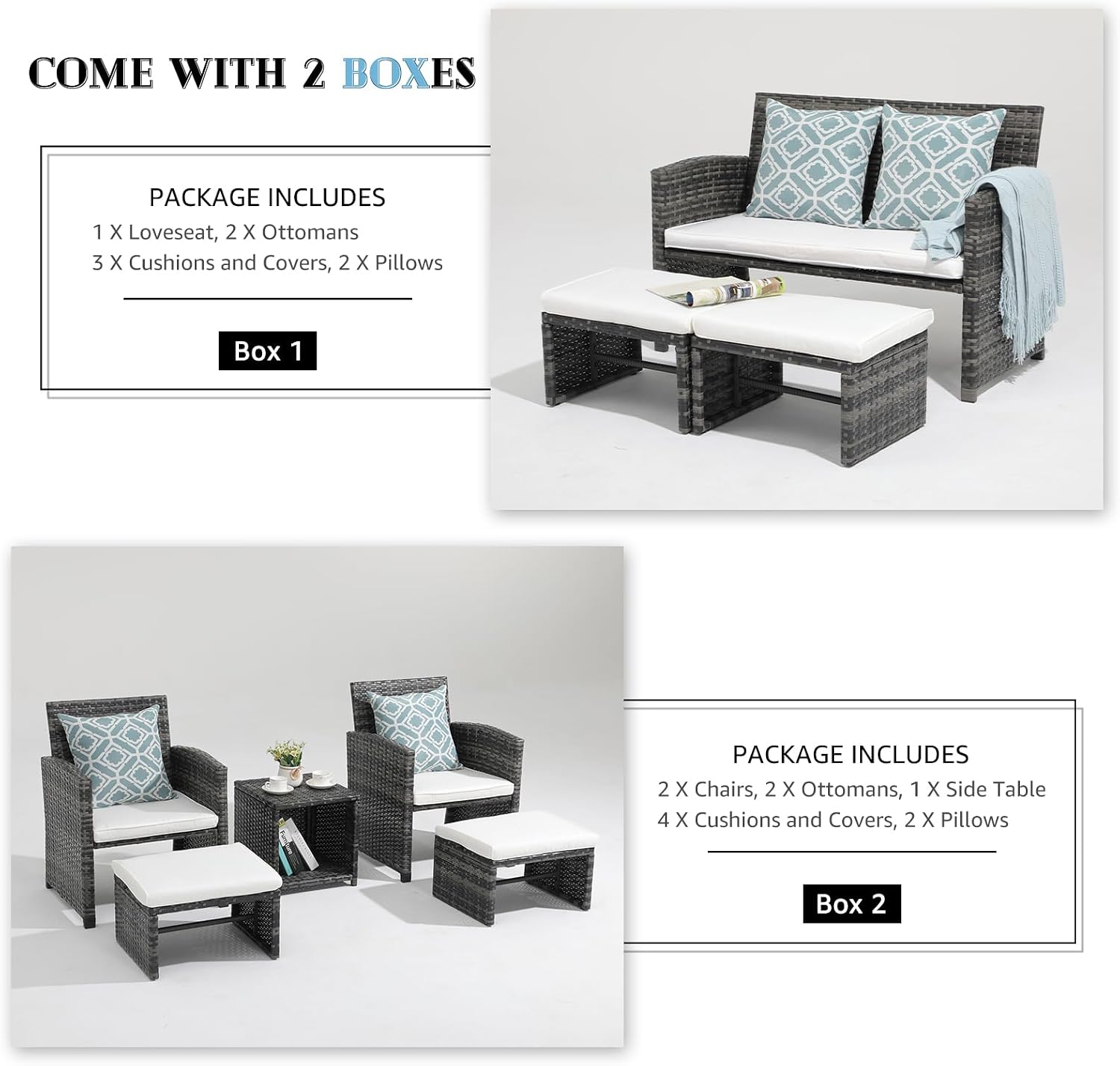 OC Orange-Casual Patio Furniture Sets,8 Pieces Conversation Set, Outdoor Wicker Bistro Set, All Weather Sectional Loveseat Chairs with Ottoman & Coffee Table, Grey Rattan with White Cushion