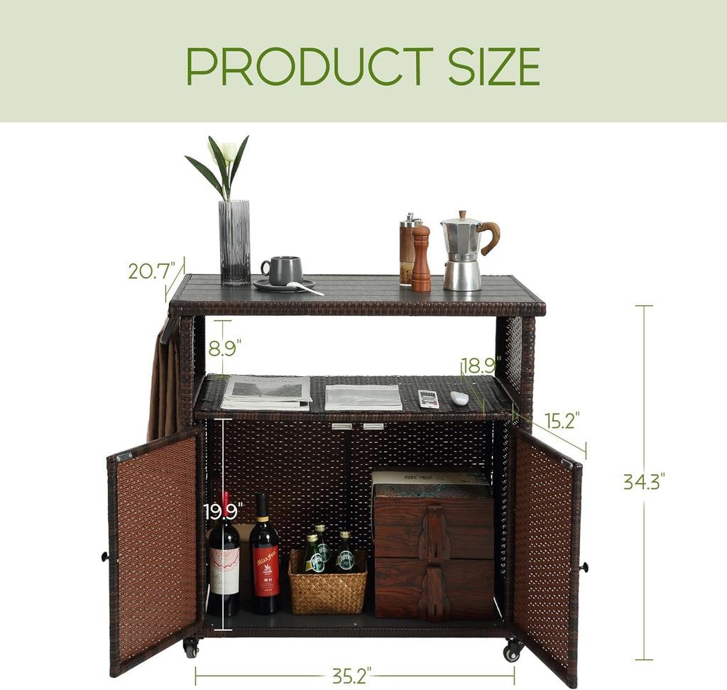 Wicker Outdoor Bar Cart - Brown Patio Console Table Buffet Storage Cabinet Serving Kitchen Cart with Wheels for Outside Backyard