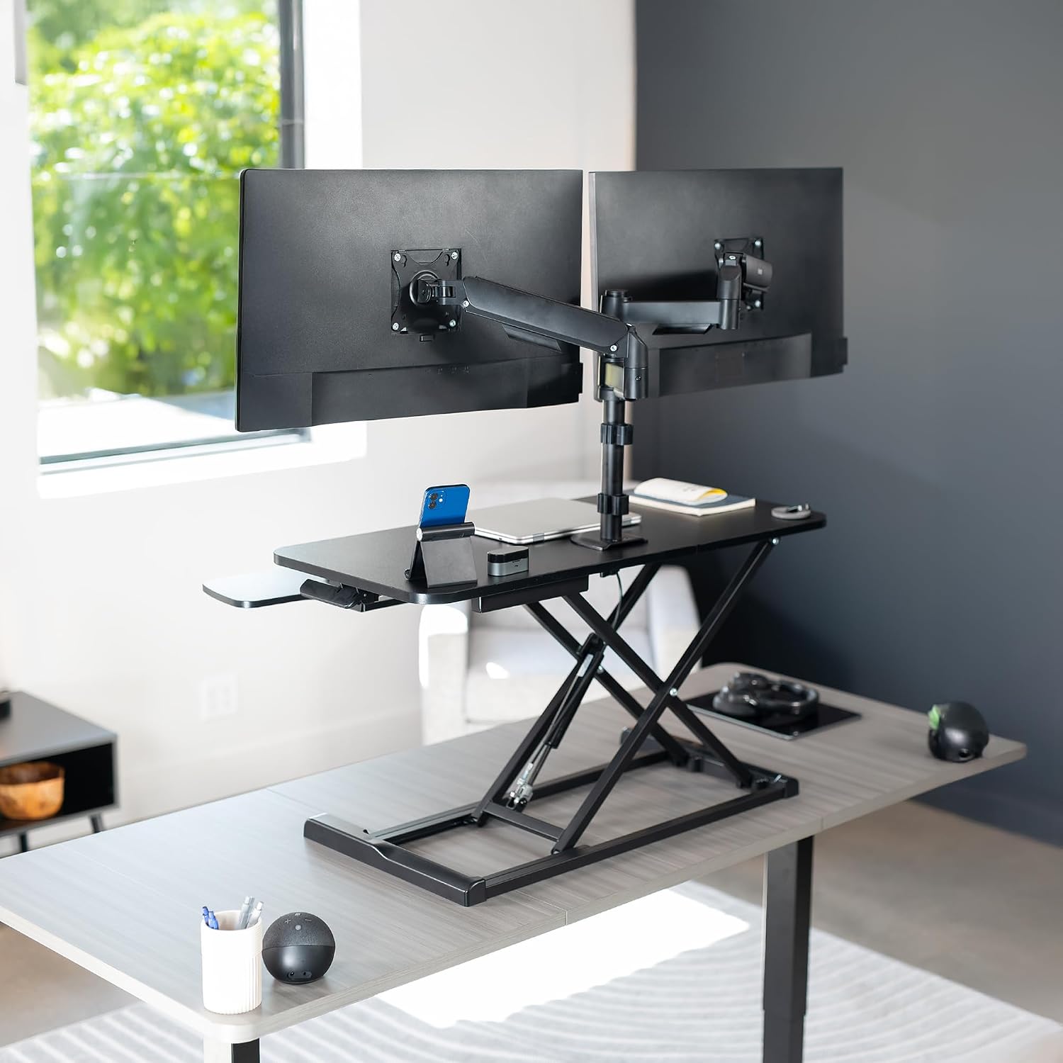 VIVO 36 inch Standing Desk Converter with Dual Monitor Mount for up to 32 inch Screens, Height Adjustable Riser with Mechanical Spring Arms, Black, DESK-KIT-036K2K
