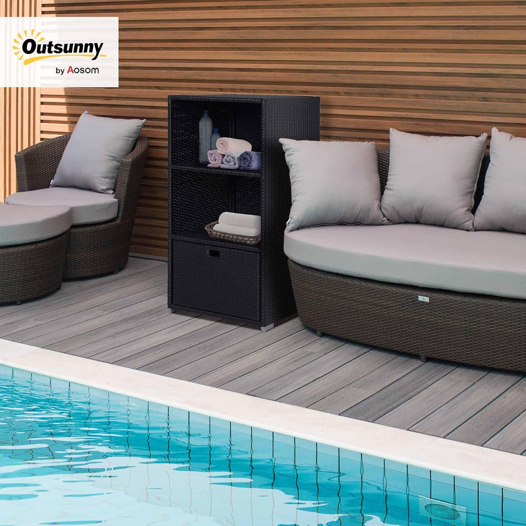 Outsunny Valet Pool Towel Rack, Waterproof PE Plastic Rattan Wicker Storage Organizer, Indoor Outdoor Spa, and Hot Tub Accessory Storage, 2 Shelves, 1 Basket Drawer, Espresso