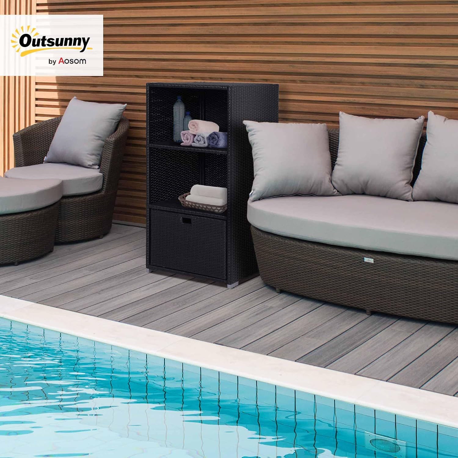 Outsunny Valet Pool Towel Rack, Waterproof PE Plastic Rattan Wicker Storage Organizer, Indoor Outdoor Spa, and Hot Tub Accessory Storage, 2 Shelves, 1 Basket Drawer, Espresso