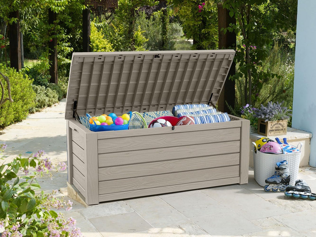 Keter Westwood 150 Gallon Resin Large Outdoor Storage Box for Patio Furniture, Outdoor Cushions, Garden Tools and Pool Floats, Beige