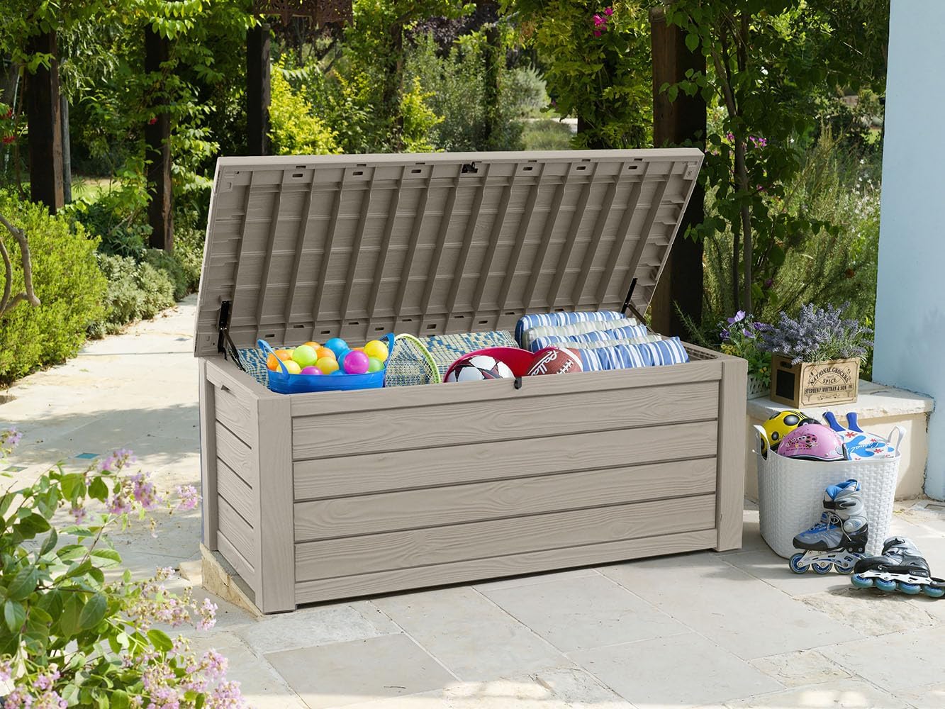Keter Westwood 150 Gallon Resin Large Outdoor Storage Box for Patio Furniture, Outdoor Cushions, Garden Tools and Pool Floats, Beige