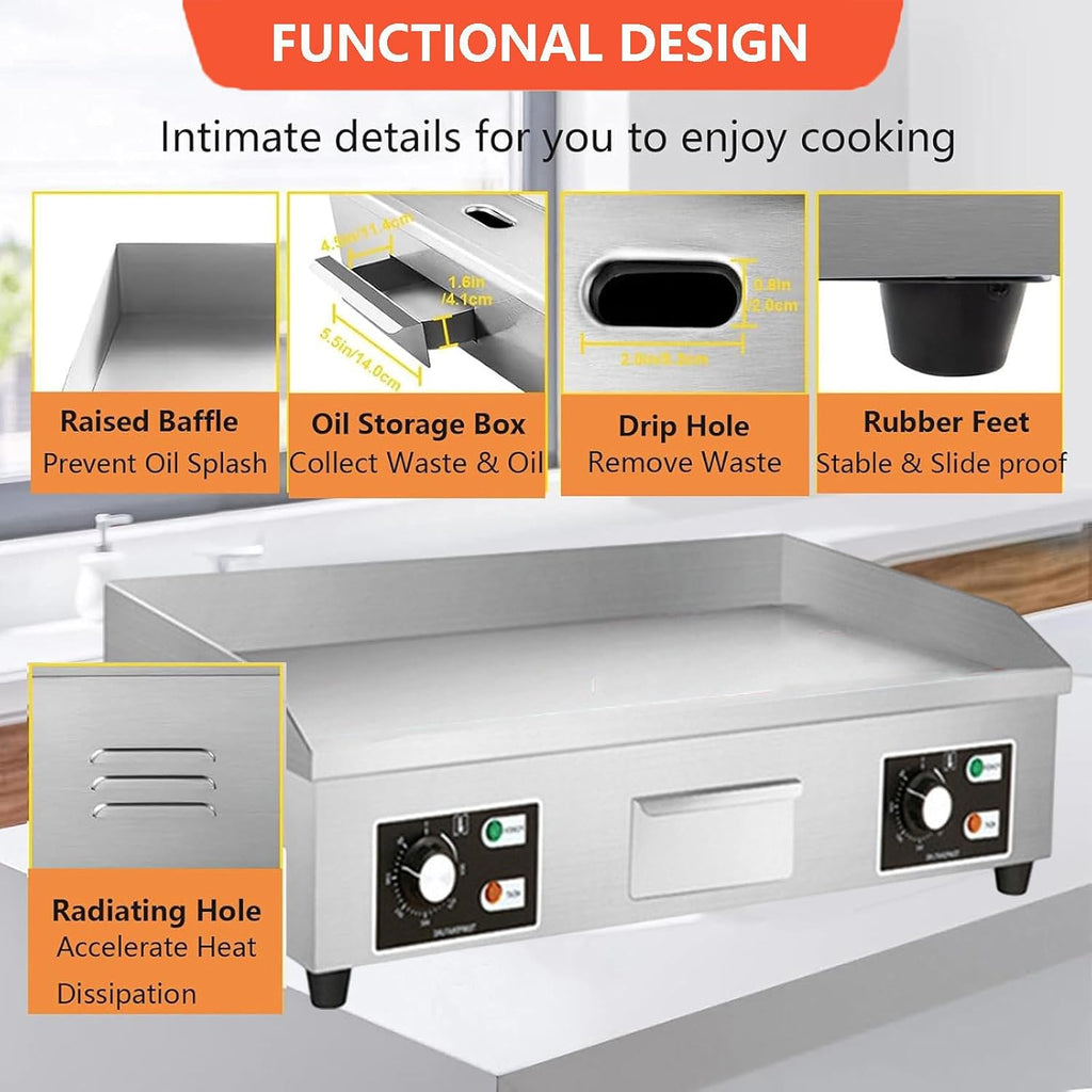 Commercial Electric Griddle 122-572°F, Stainless Steel Teppanyaki Grill Electric Cooker, Countertop Griddle and Hot Plate for Restaurants (With 3 Cleaning Brushes),3500W