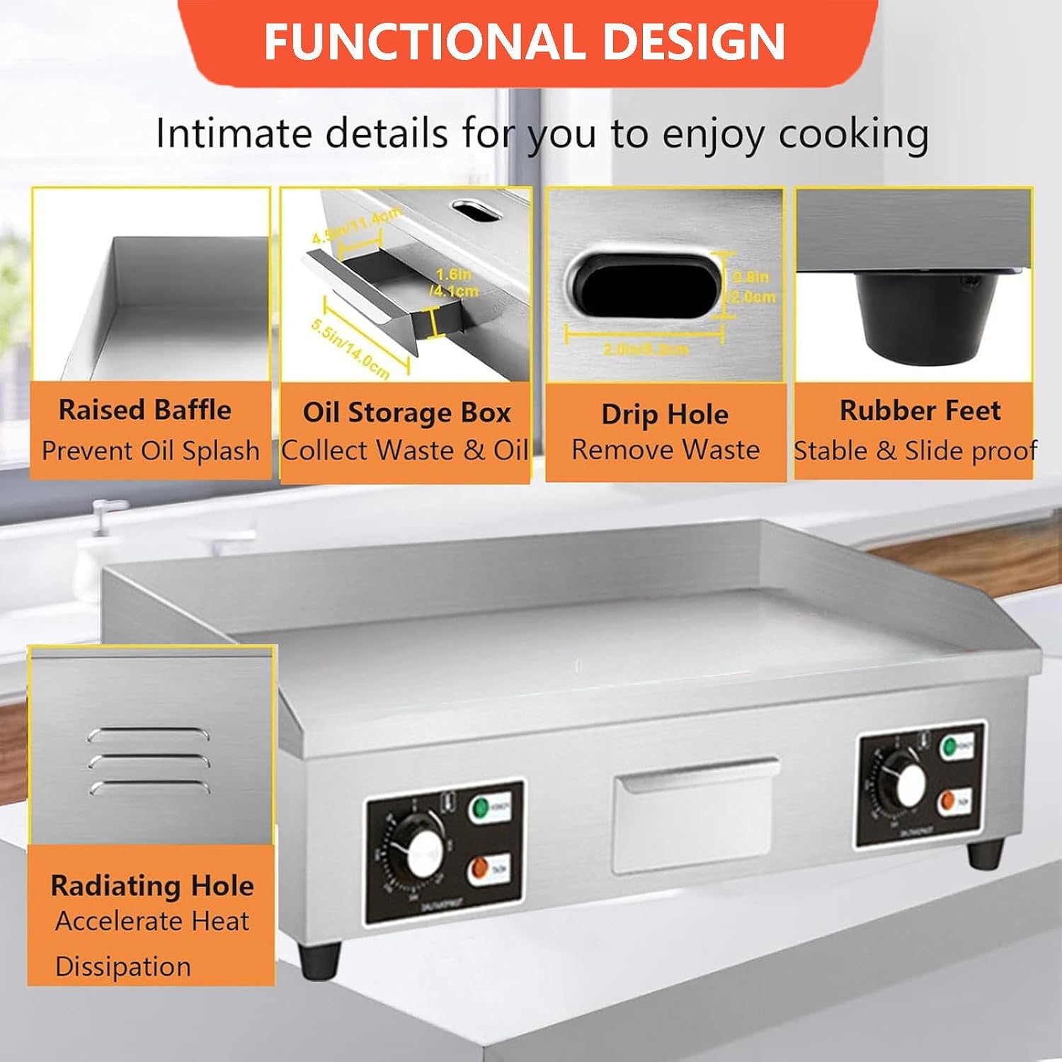 Electric Griddle, Commercial Flat Grill, Stainless Steel Steak-Bacon Fryer, Countertop Burger-Bacon Griddle Pancake Maker, With 3 Cleaning Brushes,4400W