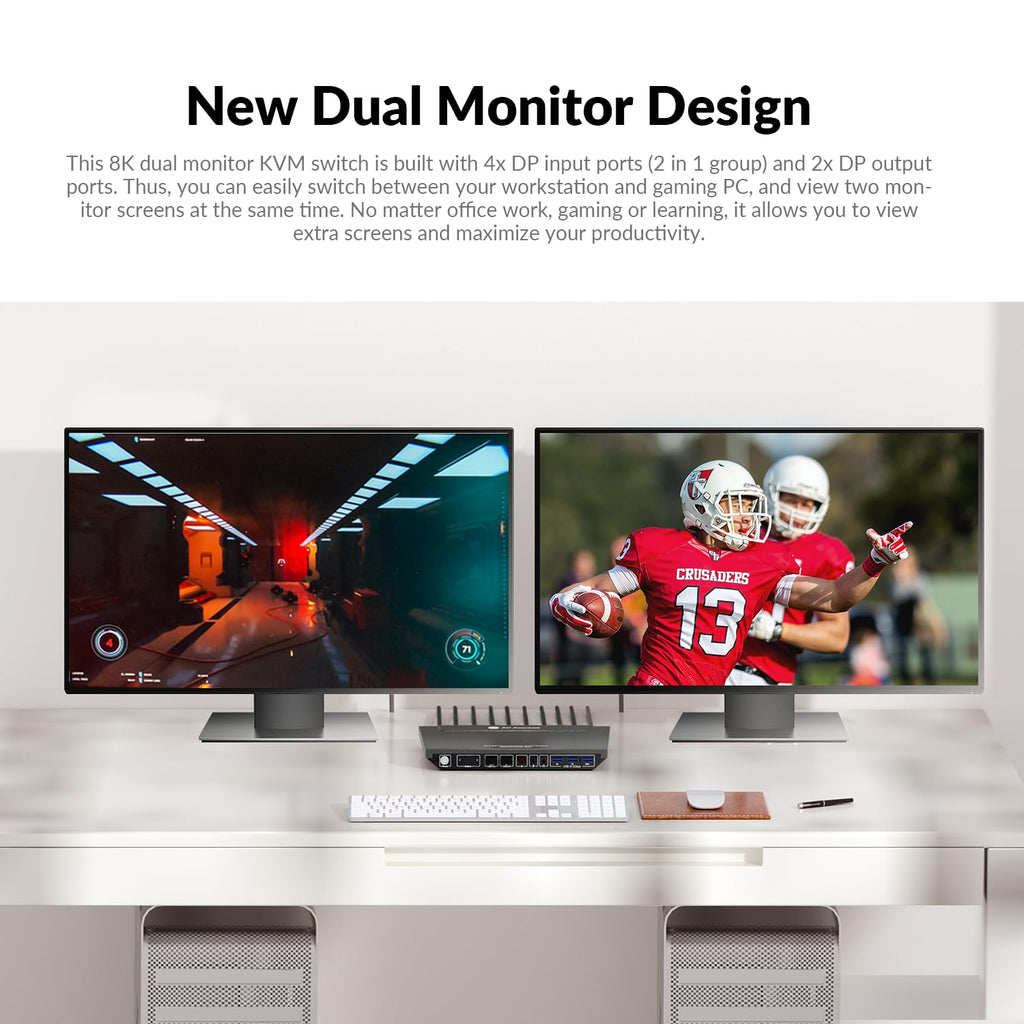 AV Access 8K KVM Switch 2 Monitors 2 Computers DisplayPort 8K@60Hz 4K@165hz/144hz, DP KVM Switch Dual Monitors with USB 3.0 Ports, Audio, Fast Hotkey or IR Remote Switch, with 6 DP Cables