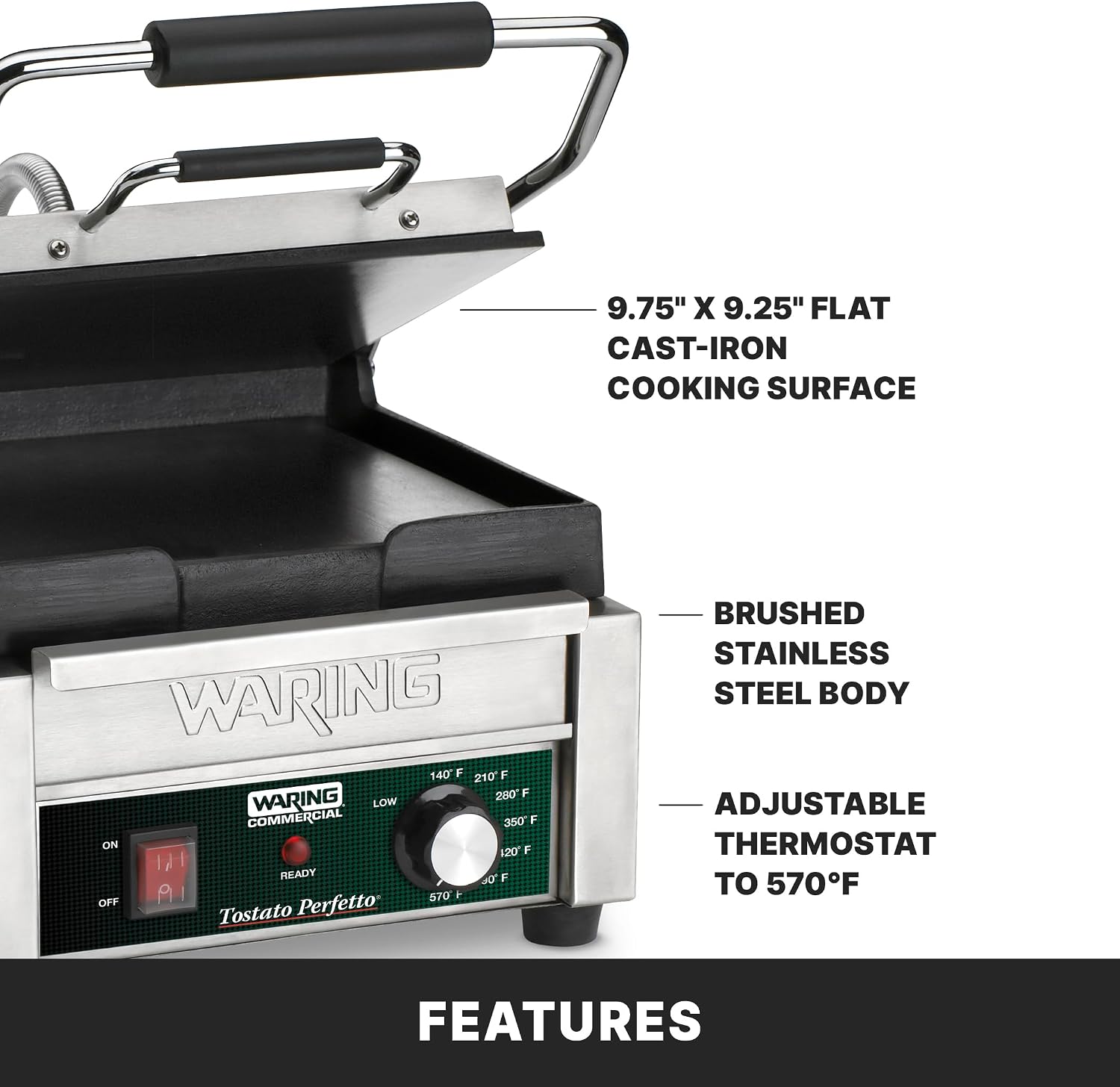 Waring Commercial WFG150 Tostato Perfetto® Compact Flat Toasting Grill, 120V, 1800W, 5-15 Phase Plug
