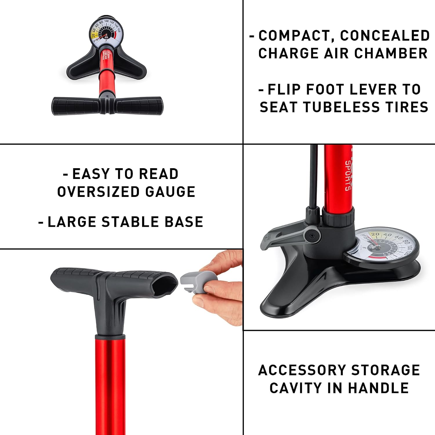 FEEDBACK SPORTS | Pneuma CC Compact Charger Floor Pump | Dual-Function Tubeless Tire Inflator & High-Pressure Floor Pump with Concealed Air Tank, Oversized Gauge & Accessory Storage