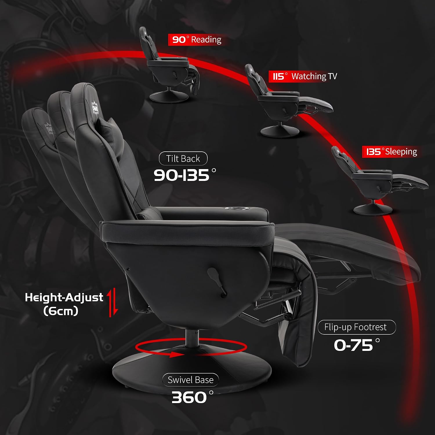 S*MAX Gaming Recliner Chair for Adults Height Adjustable Higher Back Wider Lumbar Support Swivel Adjustable Footrest Larger Cup Holder Side Pouch Gamer Chairs Black X Large