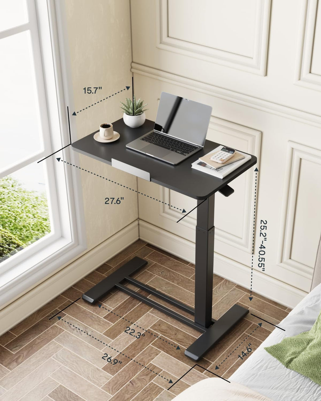 FLEXISPOT H7 PRO Mobile Standing Desk Adjustable Overbed Table Pneumatic with Wheels 55°Tiltable Portable Laptop Desk Rolling Computer Cart Foldable Bedside Table(27.6' W x 15.7' D, Black)