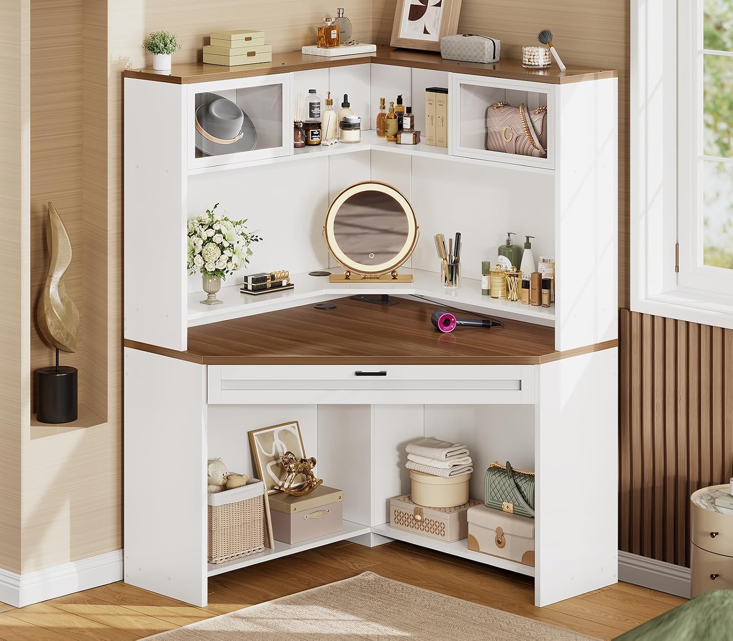 SEDETA 31.5' Corner Desk with Drawers, Small Office Computer Desk with Storage Shelves & Hutch for Small Space, Gaming Desk with LED Lights & Power Strip for Home Office, White + Brown