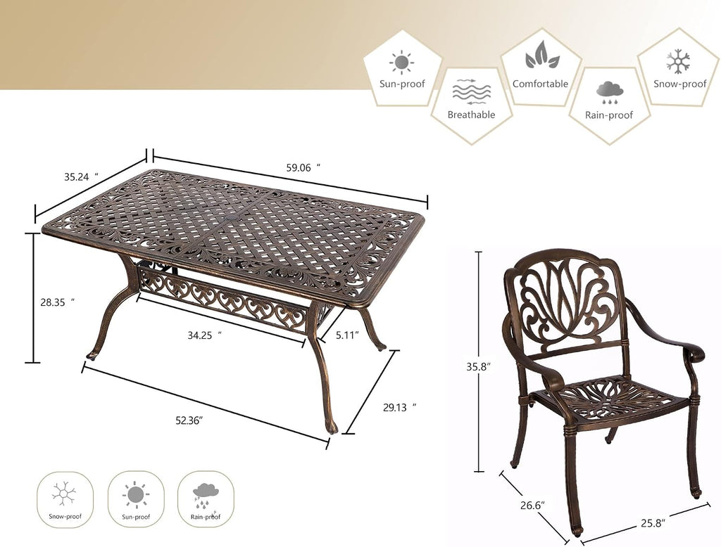Grepatio 7 Piece Patio Dining Set Outdoor Dining Set Cast Aluminum Furniture Set with 6 Dining Chairs and Dining Table for Backyard Garden Deck Poolside (6 Flower Chairs Without Cushion)