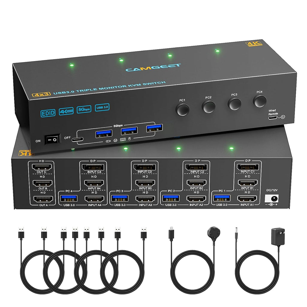KVM Switch 3 Monitors 3 Computers 8K@60Hz, Camgeet HDMI+2 Displayport KVM Switch Triple Monitor for 3 Computer Share 3 Monitor and 4 USB3.0 Devices,Wired Remote and 12V Power Adapter Included