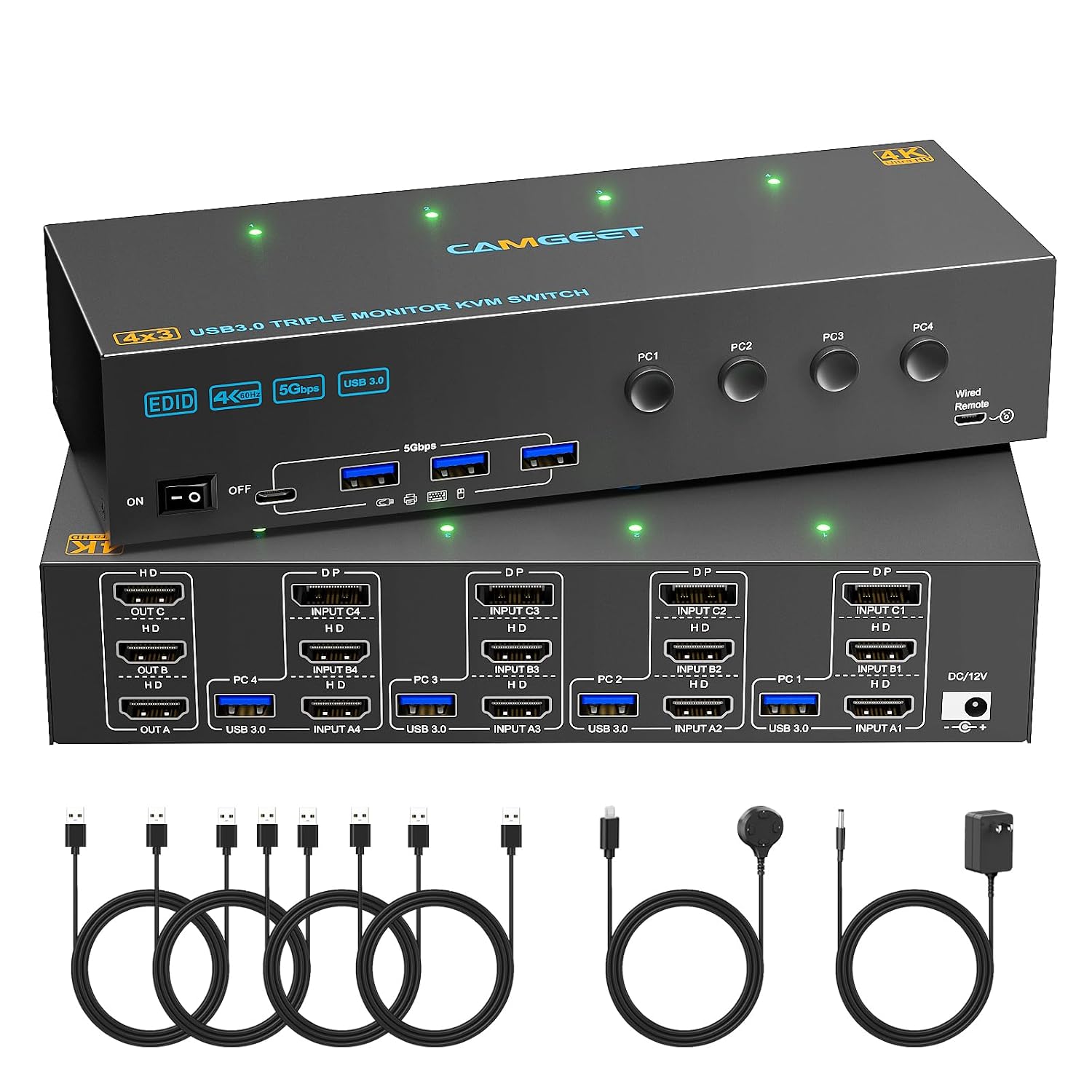 KVM Switch 3 Monitors 3 Computers 8K@60Hz, Camgeet HDMI+2 Displayport KVM Switch Triple Monitor for 3 Computer Share 3 Monitor and 4 USB3.0 Devices,Wired Remote and 12V Power Adapter Included