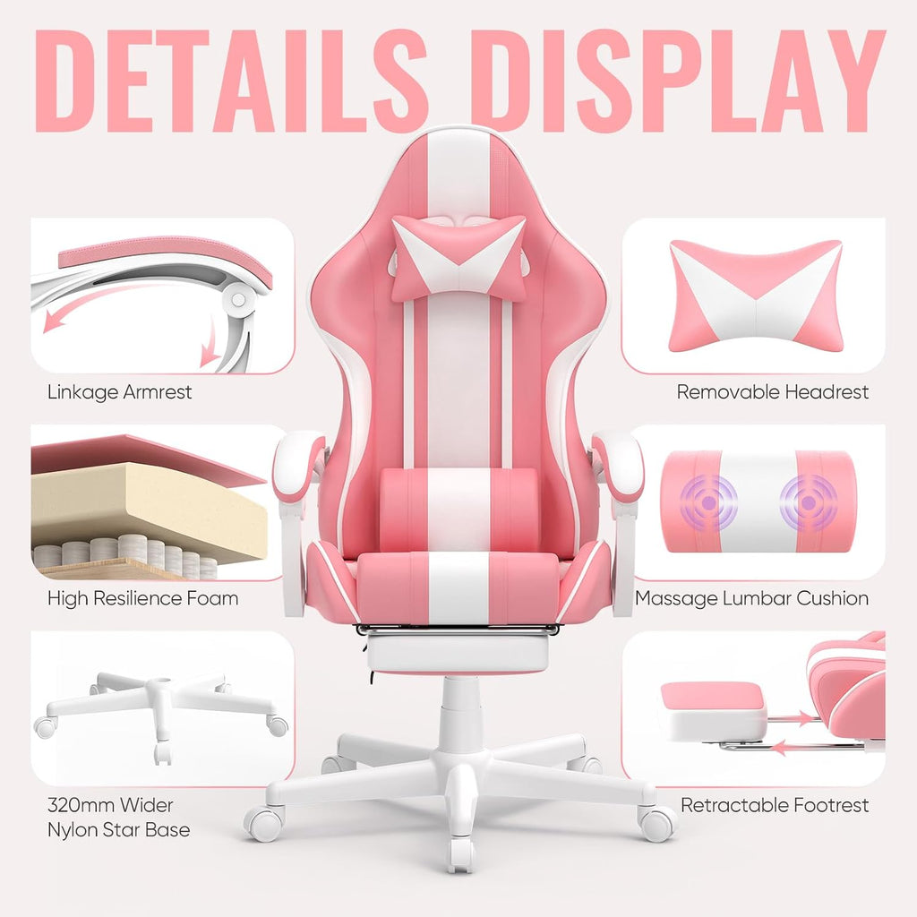 Ferghana Gaming Chairs, Ergonomic Racing Style PC Game Computer Chair with Headrest Lumbar Support Adjustable Recliner PU Leather Video Computer Chair(Pink)