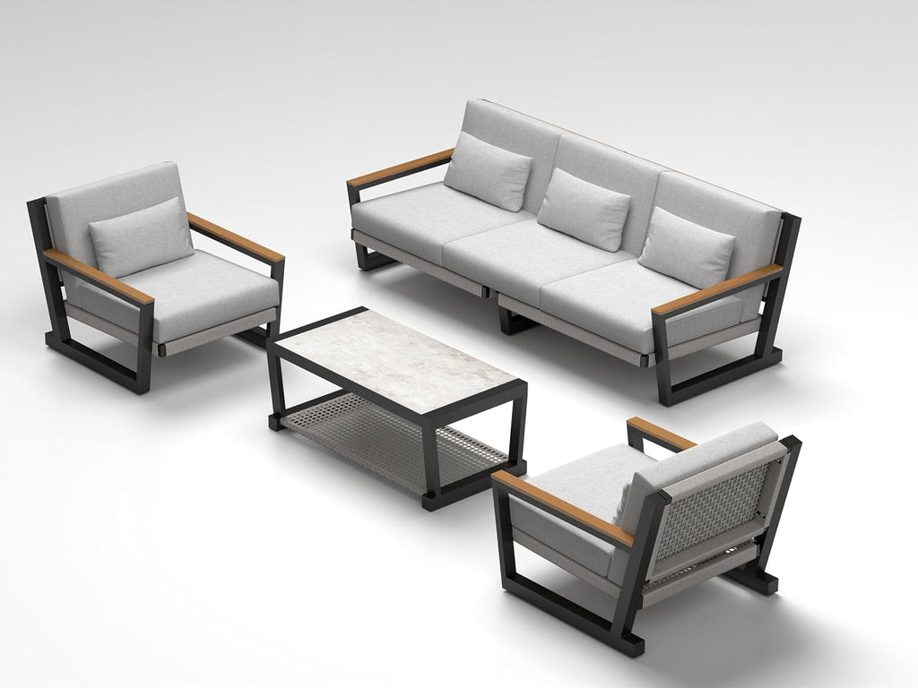 Aluminum Patio Furniture Set, Modern Metal Outdoor Conversation Sectional Sofa with Washable Thick Cushions, Coffee Table and Waterproof Cover (Grey, DWL-5Seat)