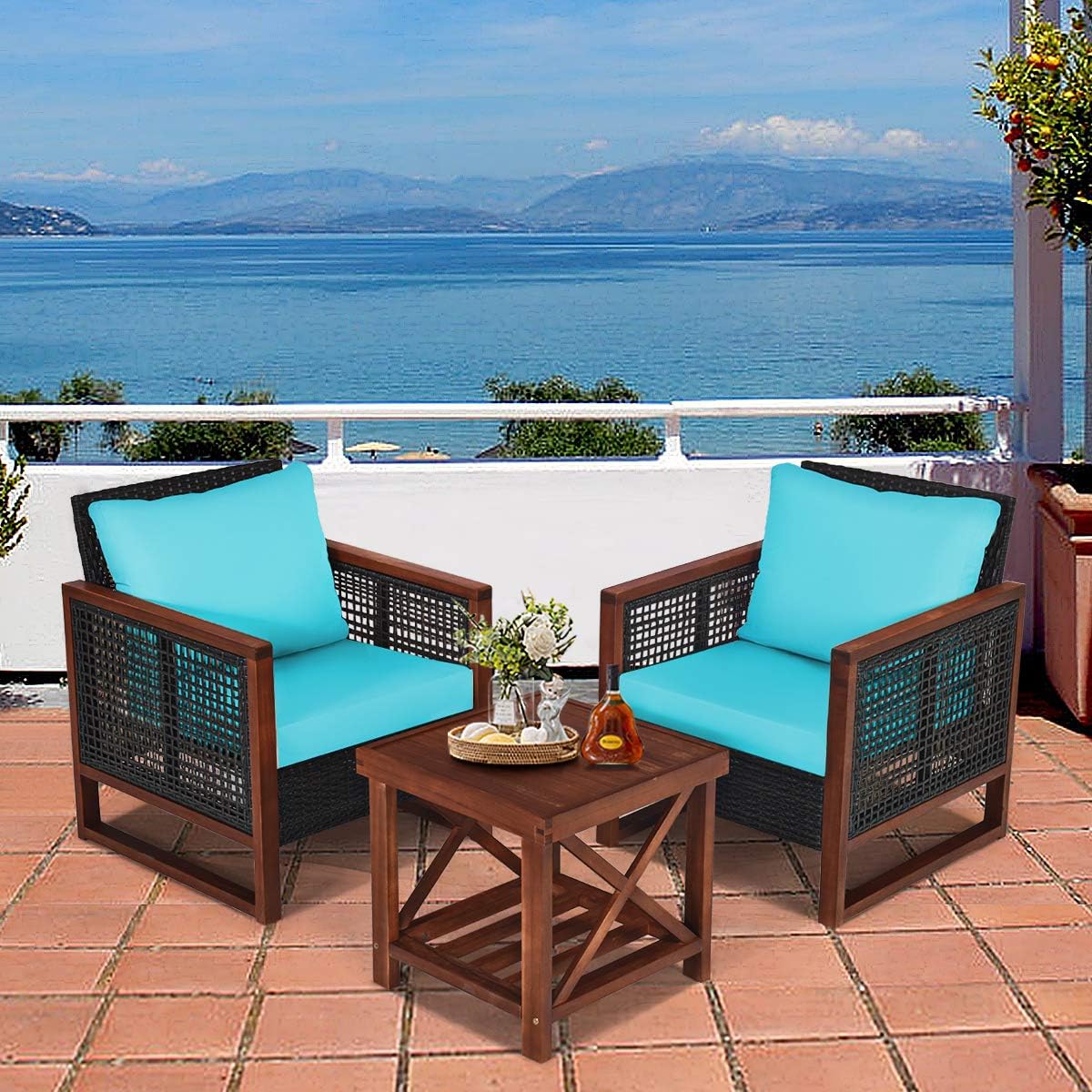HAPPYGRILL 3 Pieces Outdoor Patio Furniture Set Wicker Chairs with Coffee Table, Balcony Porch Furniture Bistro Set with Acacia Wood Frame and Washable Cushions for Garden Poolside Backyard