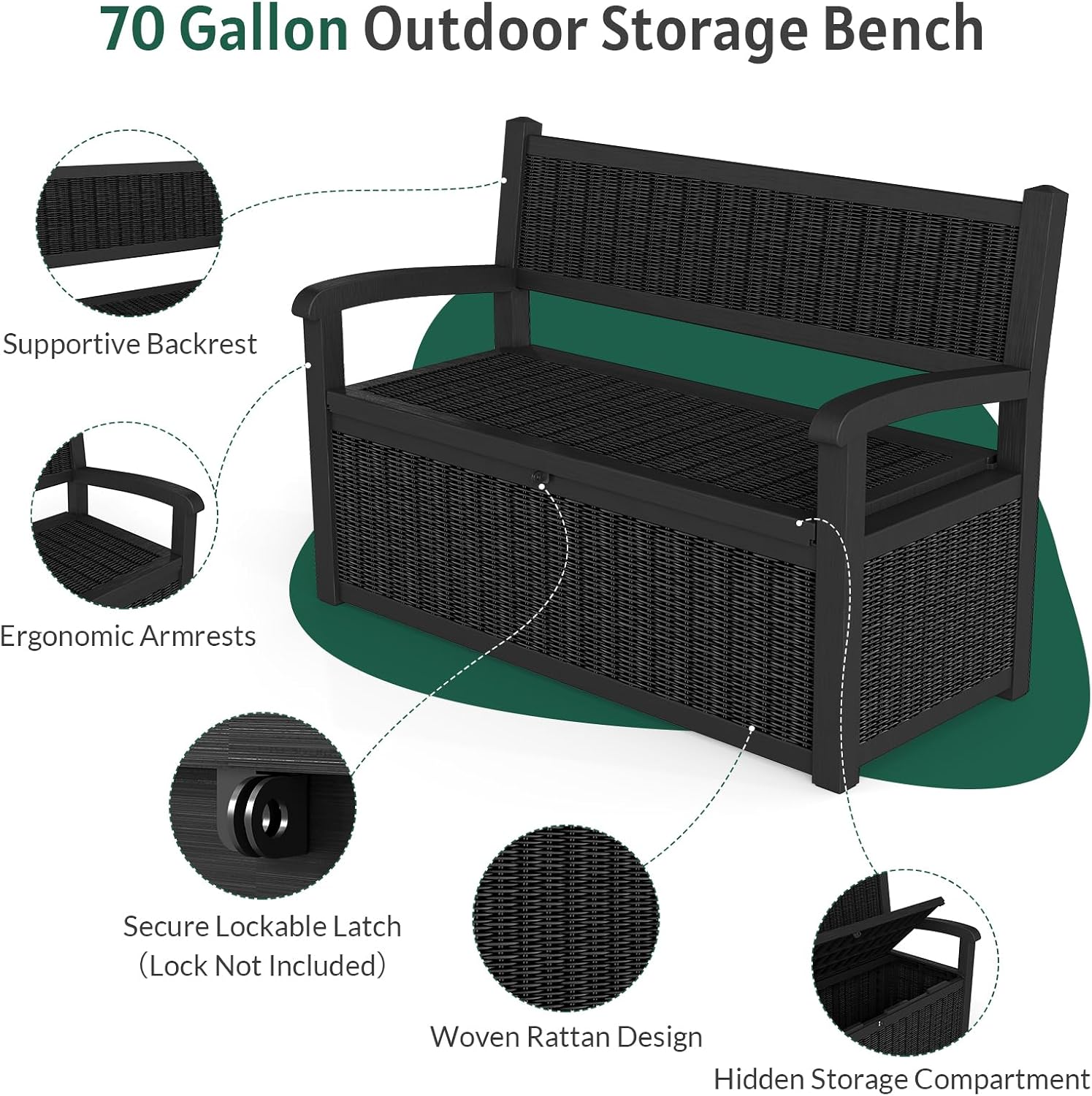 Skepphlay 70 Gallon Outdoor Storage Bench, Deck Box Bench with Armrest, Lockable Outside Benches with Storage, Deck Boxes Waterproof for Pool Patio Garden (Black)