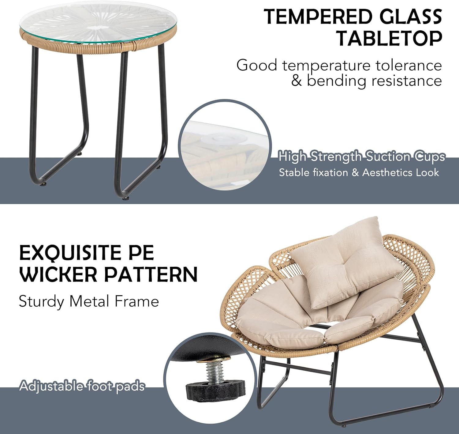3 Pieces Rattan Bistro Set, Flower-Shaped Wicker Patio Furniture Set with Cushion & Pillow, Bistro Table and Chairs Set of 2 with Glass Top Table Adjustable Foot Pads in Balcony, Apartment