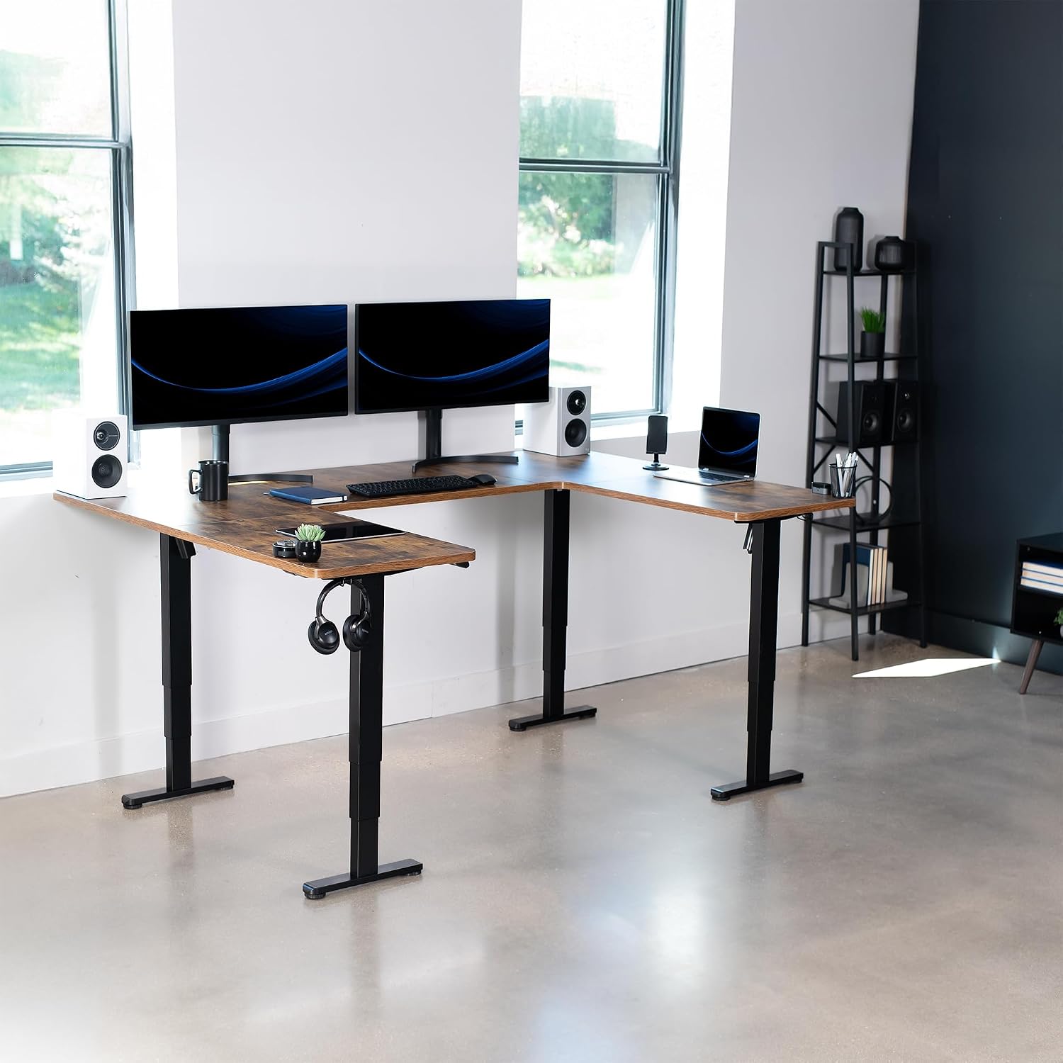VIVO Large U-Shaped 83 x 60 in Electric Standing Desk, Memory Height Adjustment, Rustic Vintage Brown Top Black Frame, DESK-E4UBN