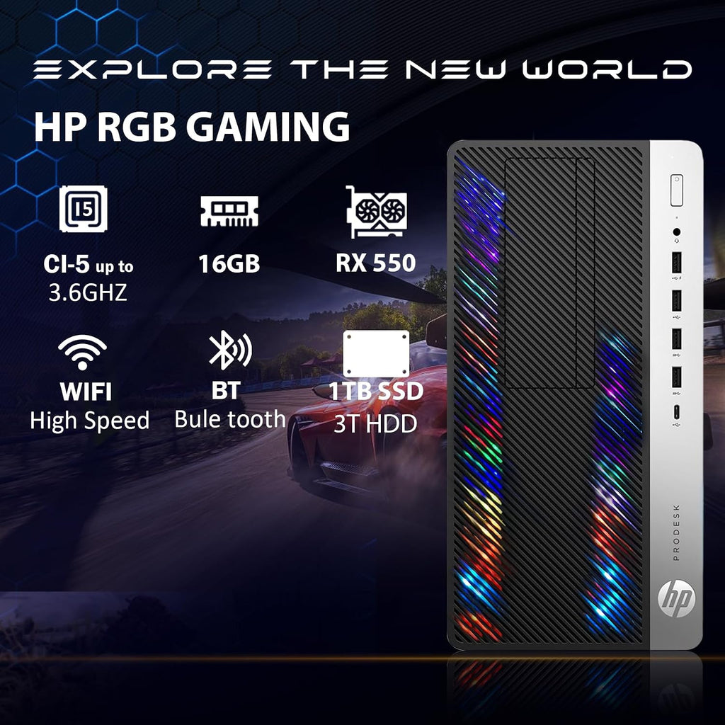 HP RGB Gaming Desktop Computer, Intel Quad Core I5-6500, Radeon RX 550 4G, 16GB DDR4, 1T SSD + 3T HDD, RGB Keyboard & Mouse, 600M WiFi & Bluetooth, Windows 11 (Renewed)