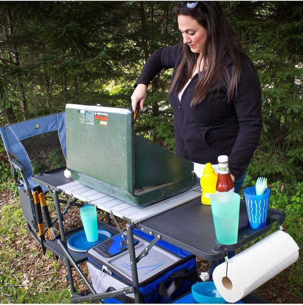 GCI OUTDOOR Slim-Fold Cook Station | Portable Folding Kitchen Table with a Heat Resistant Tabletop, 4 Side Tables & Storage Rack, Perfect for Picnics & Camping Trips