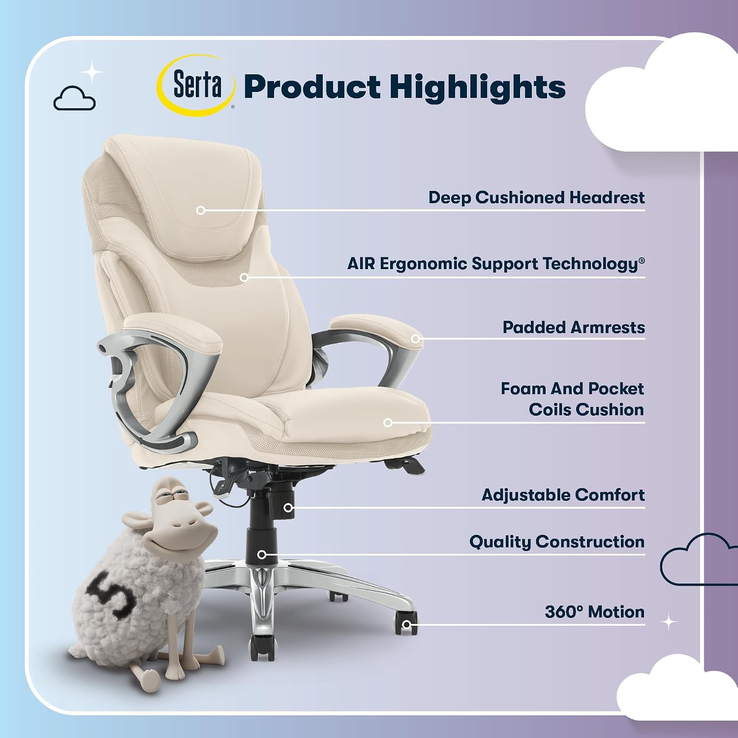 Serta Bryce Executive Office Chair - Ergonomic Computer DeskChair with Lumbar Technology - Adjustable Height - Memory Foam Body Pillows - 360° Swivel Rolling Base - Bonded Leather - Cream