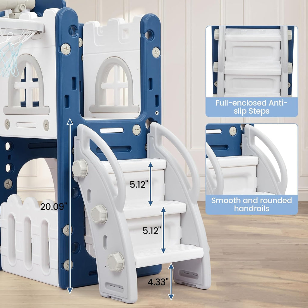 GAOMON 8 in 1 Toddler Slide Indoor Playground, Indoor Slide Toddler Playset for Toddlers 1-3, Kids Outdoor Playground with Basketball Hoop, Climber, Crawling Tunnel, Telescope, Toy Storage
