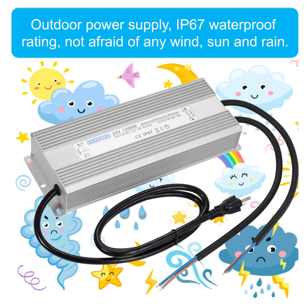 LED Driver 24V1200W Waterproof Power Supply AC90-132V to DC24V50A High Power Switching Power Supply IP67 Transformer Suitable for Indoor and Outdoor LED Lighting and Any 24V DC Equipment