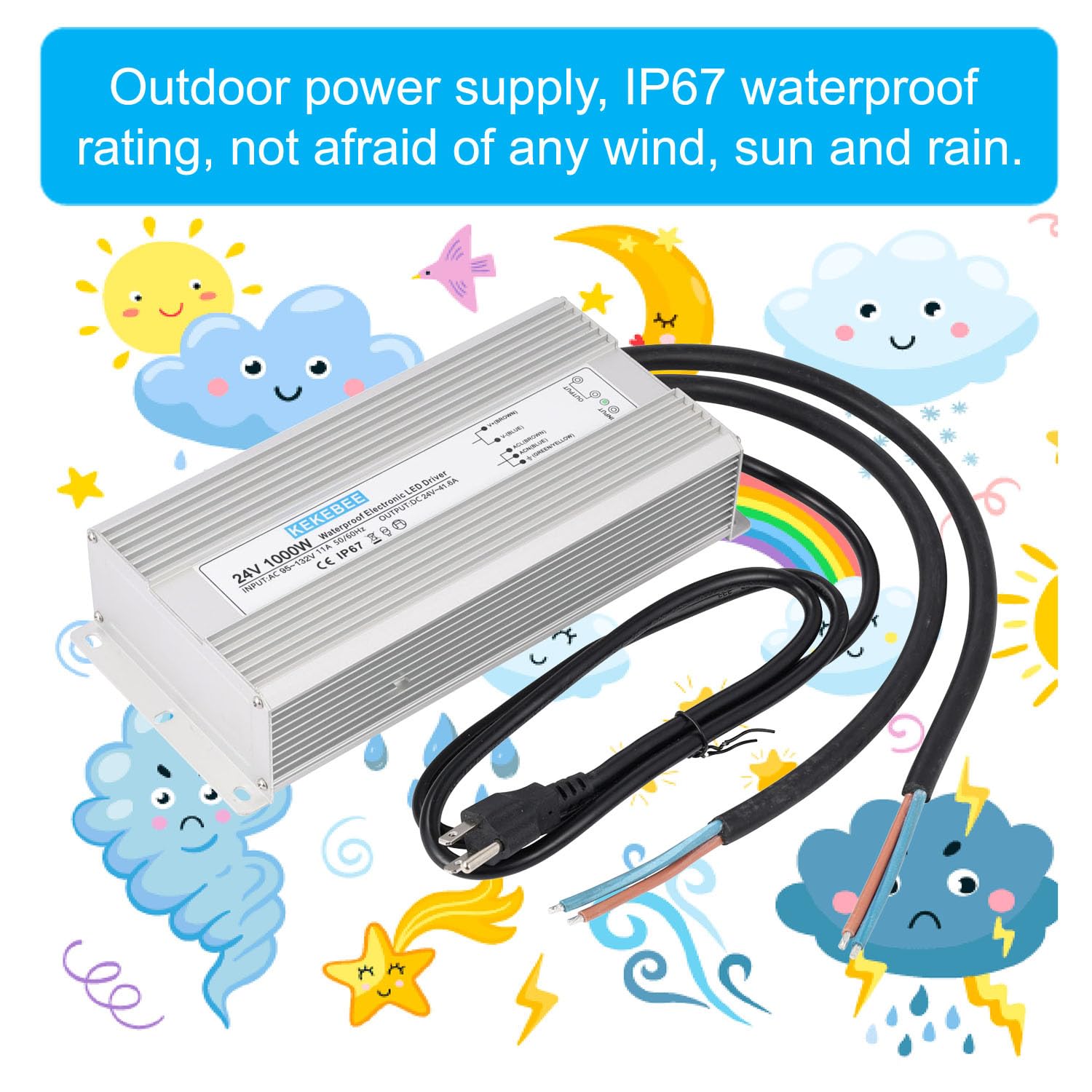 LED Driver 24V1000W Waterproof Power Supply AC95-132V to DC24V41.6A Low Voltage DC Transformer IP67 with 3-pin US Plug Suitable for Indoor and Outdoor LED Lighting and Any 24V DC Devices