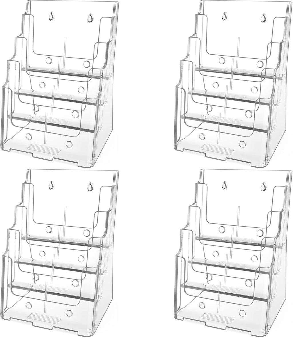 MaxGear Acrylic Brochure Holder 8.5 x 11 inch, 4 Tier Clear Literature Organizer Magazine Stand Display with Removable Divider for 4 x 9 inch Brochures, Pamphlet, Wall Mount or Countertop, 4 Pack